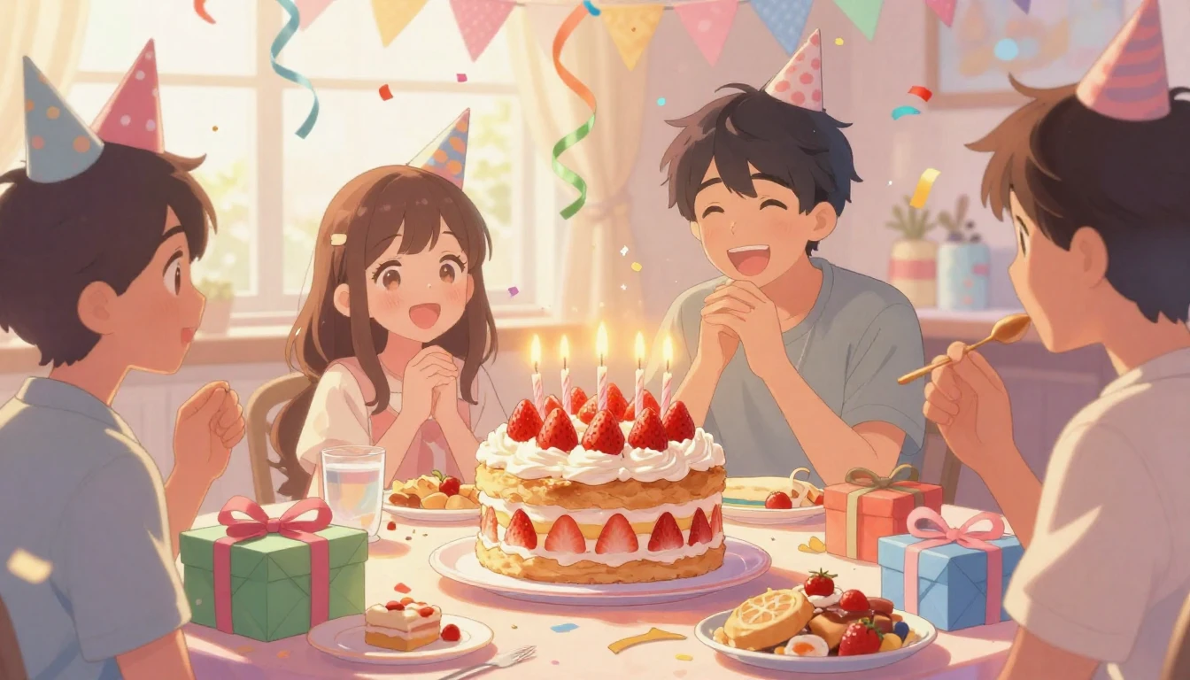 A vibrant and heartwarming anime-style illustration of a bir...