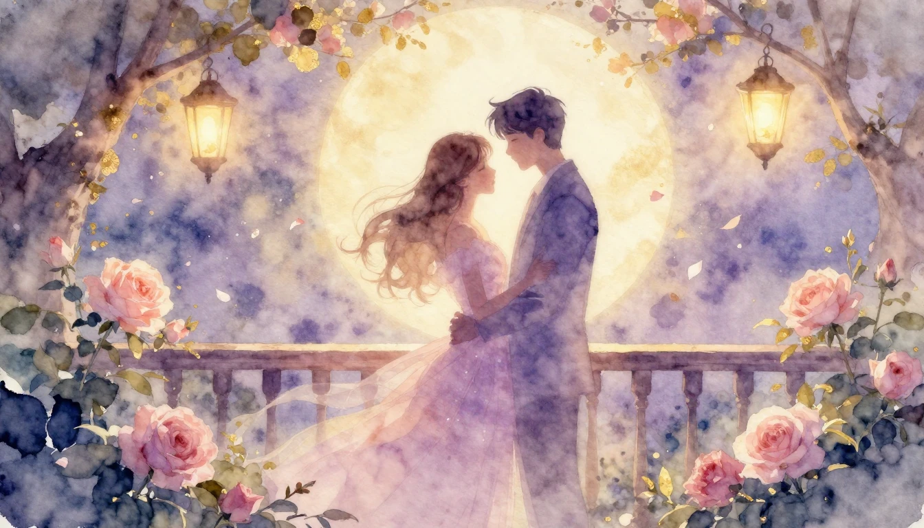 A delicate watercolor painting of two intertwined silhouette...