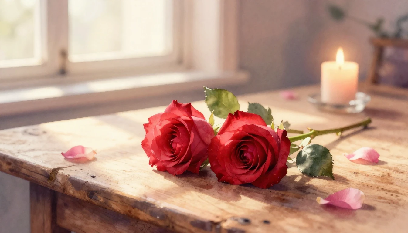 A beautiful watercolor painting of two delicate red roses in...