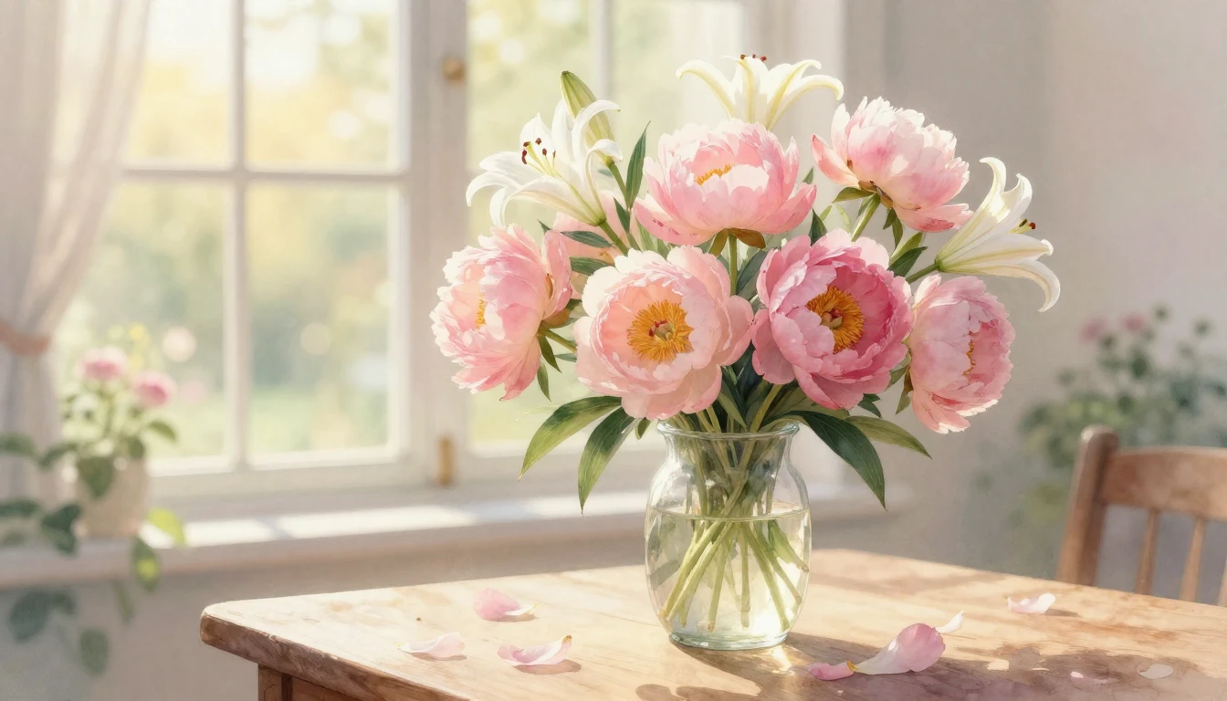 A delicate watercolor painting of a lush bouquet of pink peo...