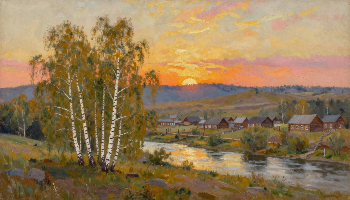 A breathtaking oil painting of a vast Russian landscape duri...