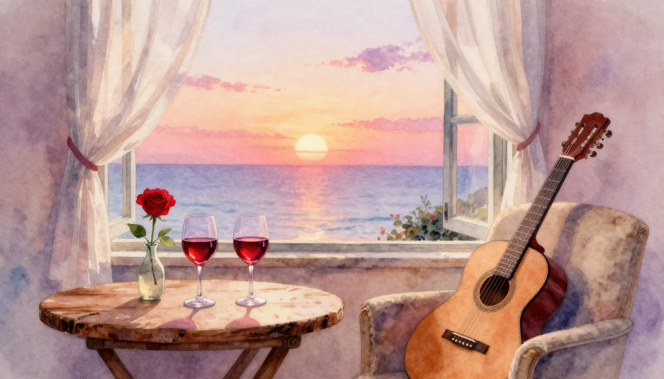 A soft and romantic watercolor painting depicting a cozy int...