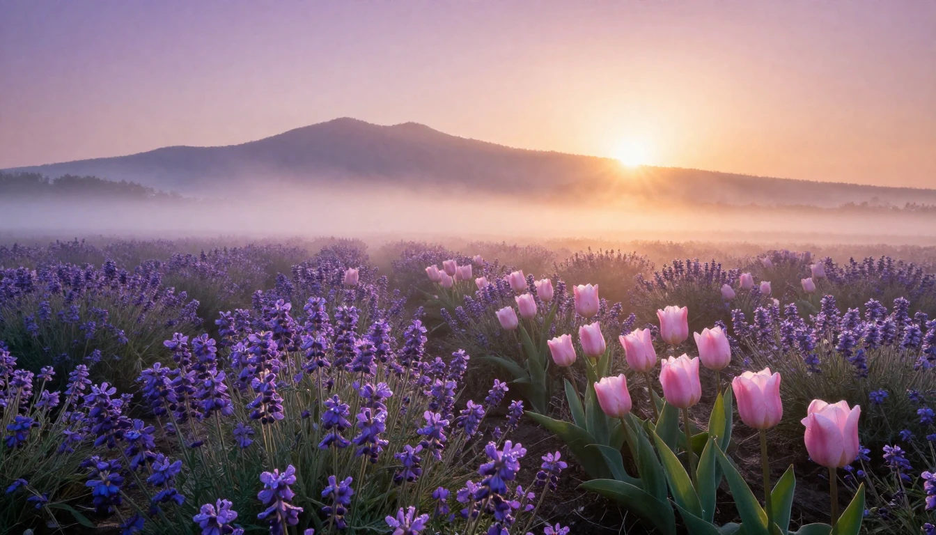 A serene and breathtaking landscape at sunrise, featuring a ...