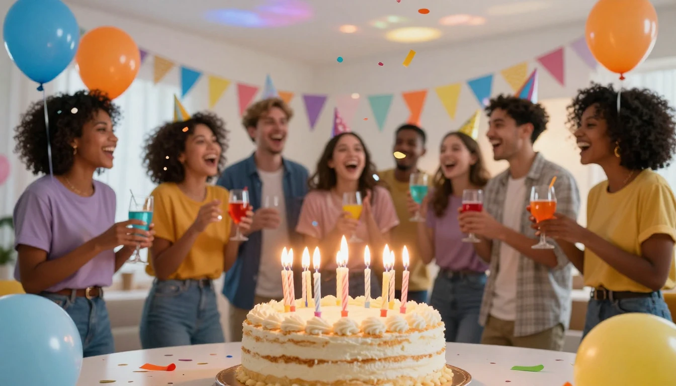 A vibrant and cheerful birthday party scene inside a modern ...