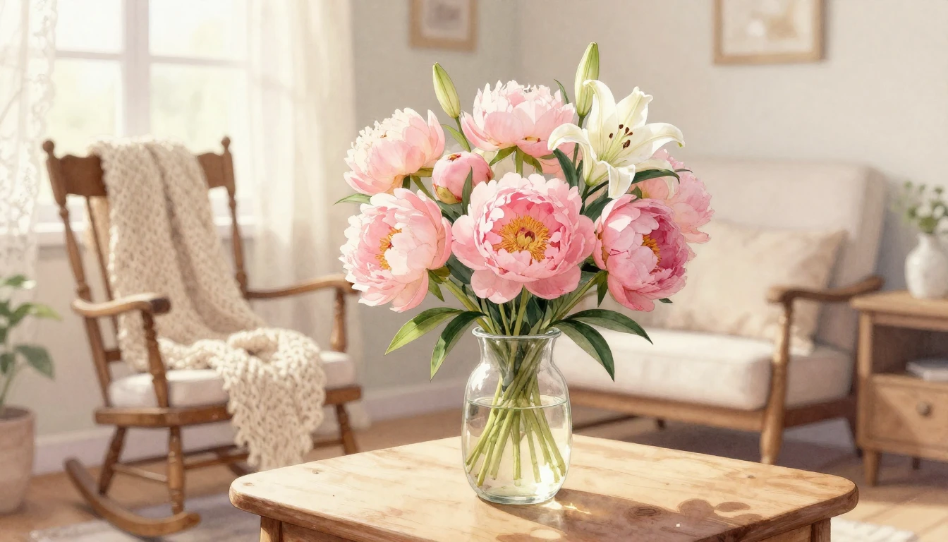 A beautiful watercolor painting of a cozy sunlit living room...