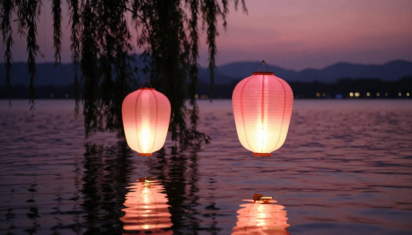 A beautiful and delicate scene featuring two glowing paper l...