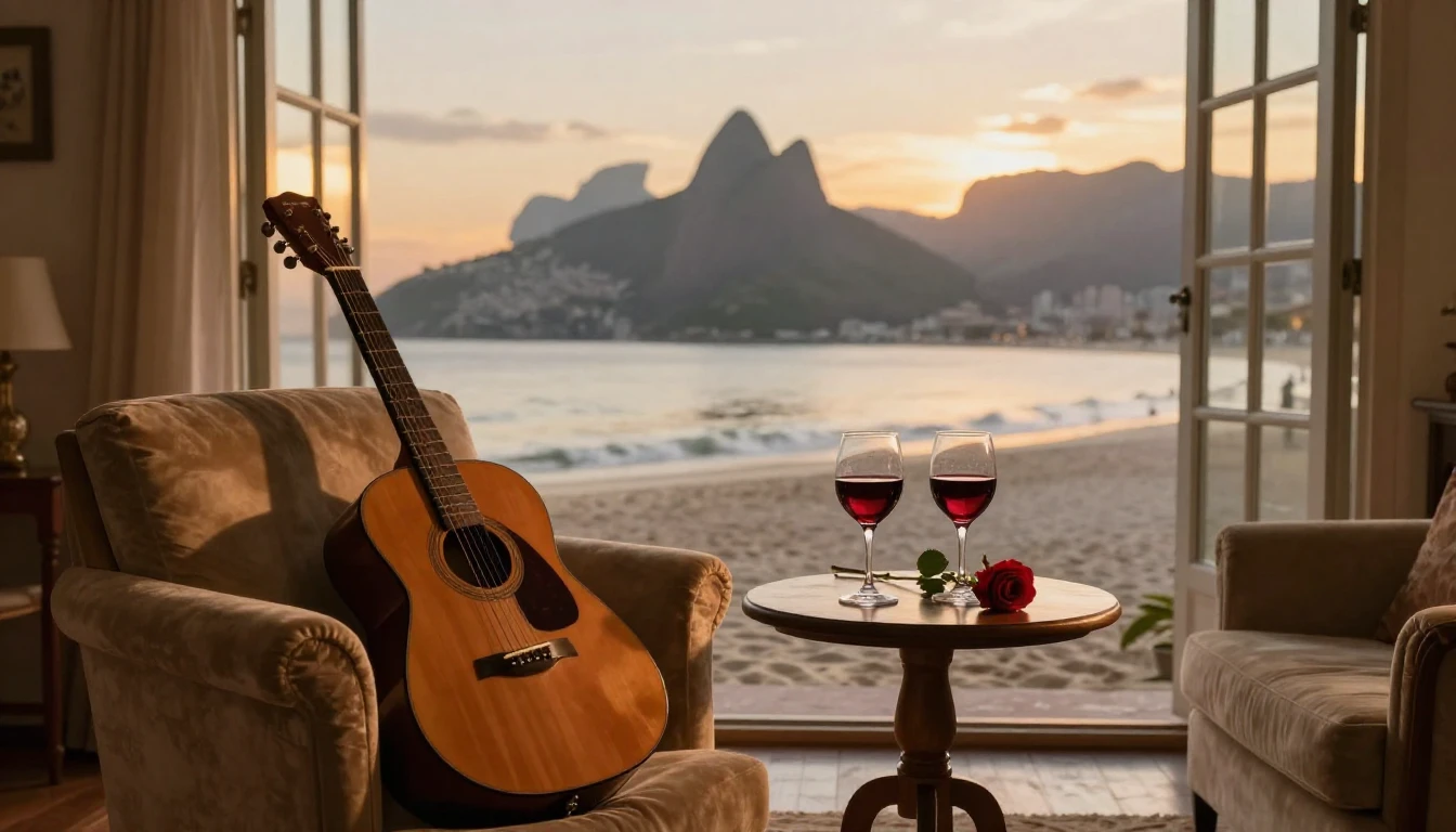 A romantic and intimate scene featuring a cozy living room w...