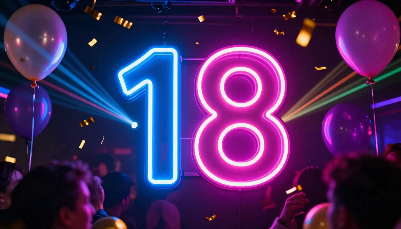 A vibrant and energetic party scene focused on the number 18...