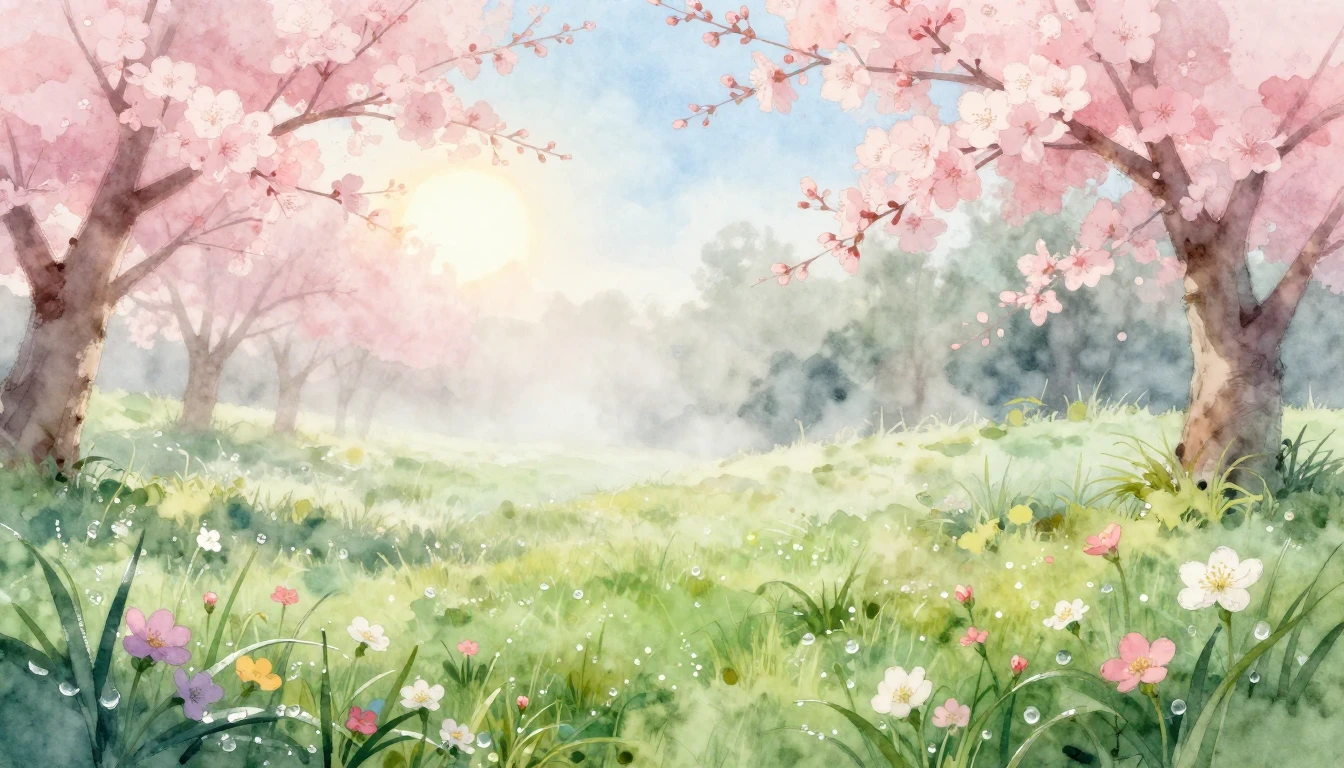 A delicate watercolor painting of a blooming spring meadow. ...