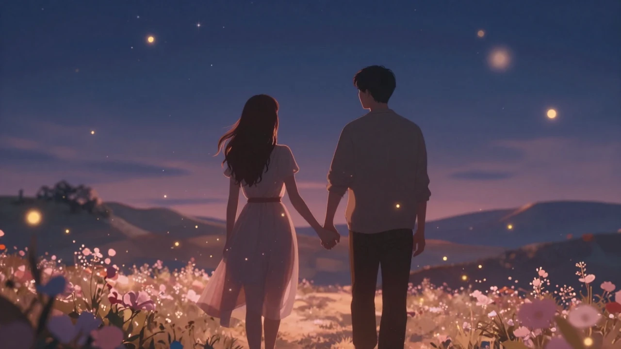 A warm, romantic scene featuring two soft silhouettes walkin...