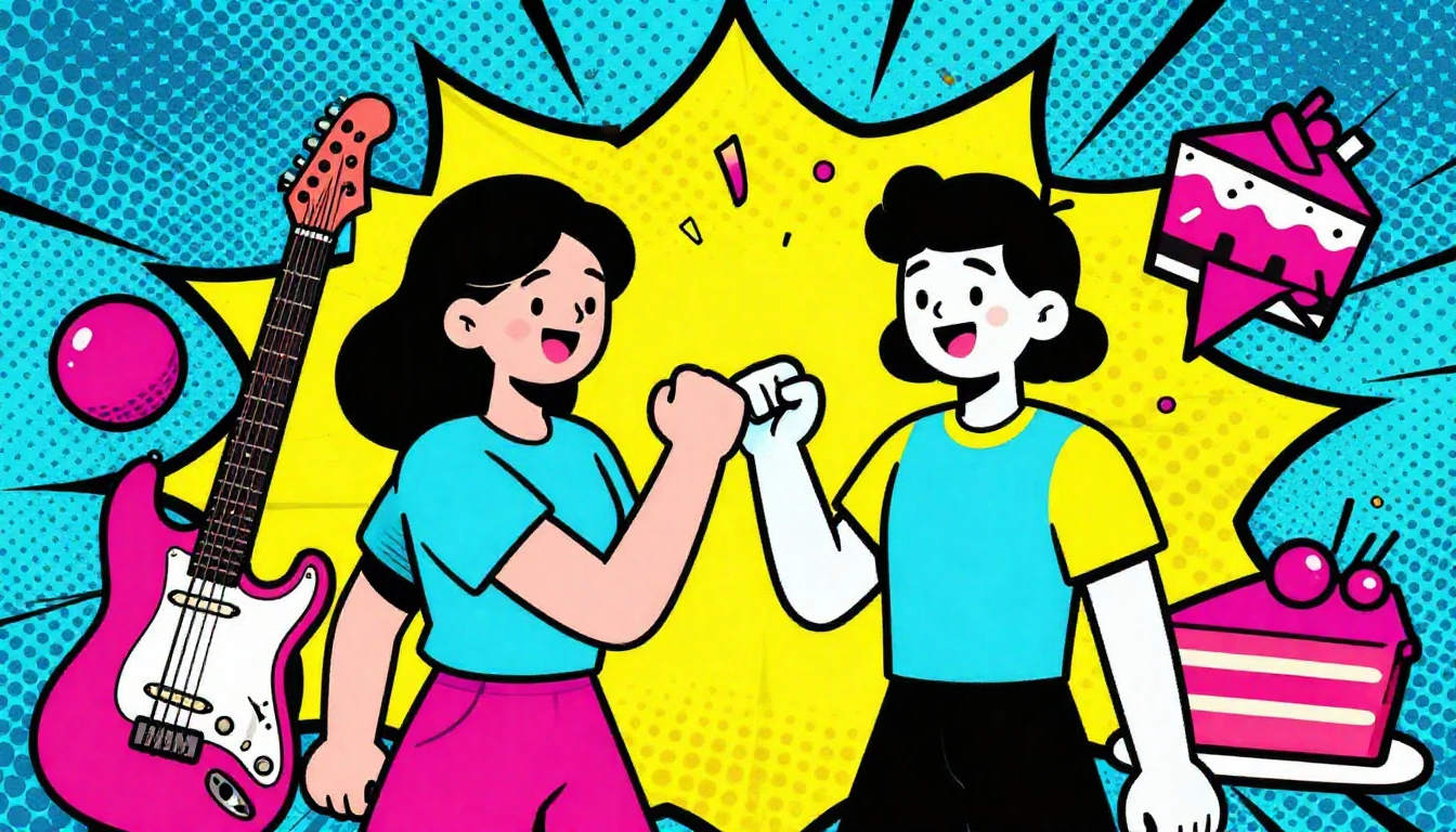 A vibrant Pop Art illustration of a birthday celebration for...