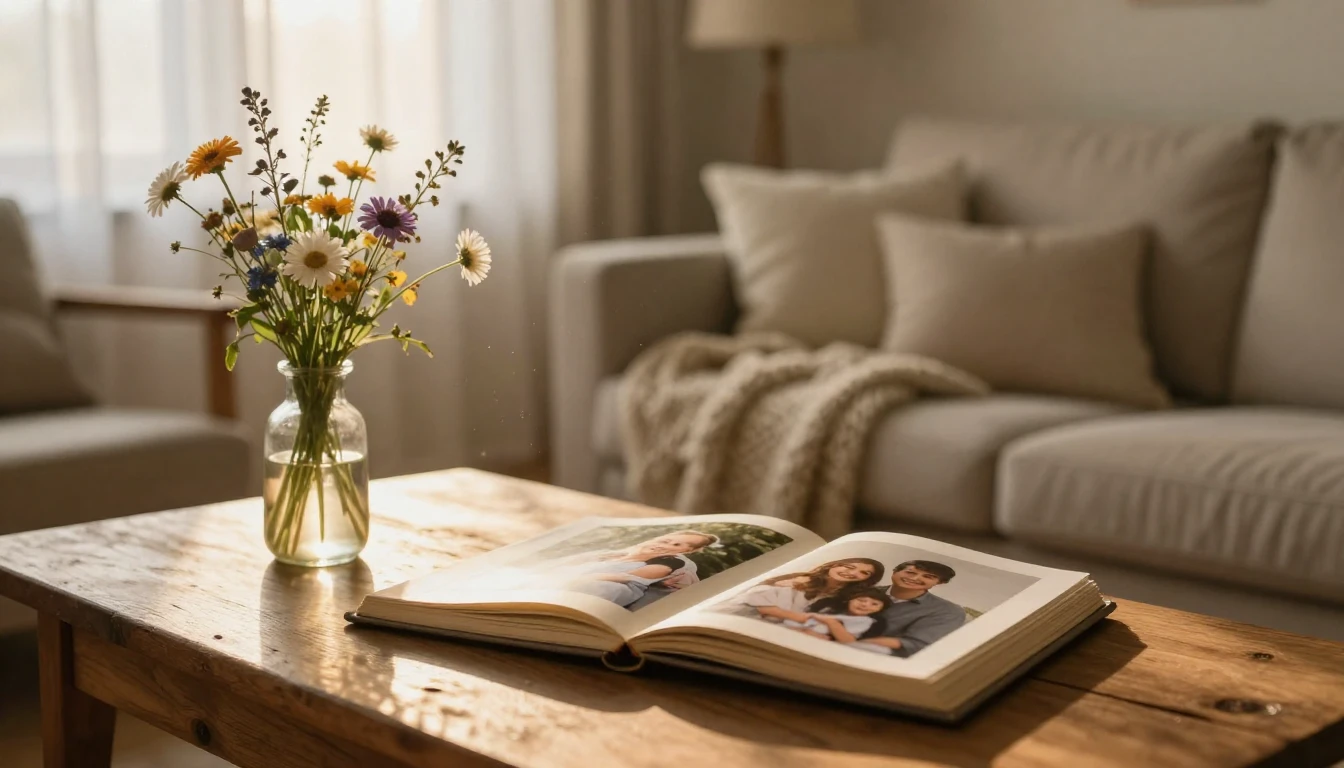 A warm, cinematic close-up shot of a cozy living room scene ...