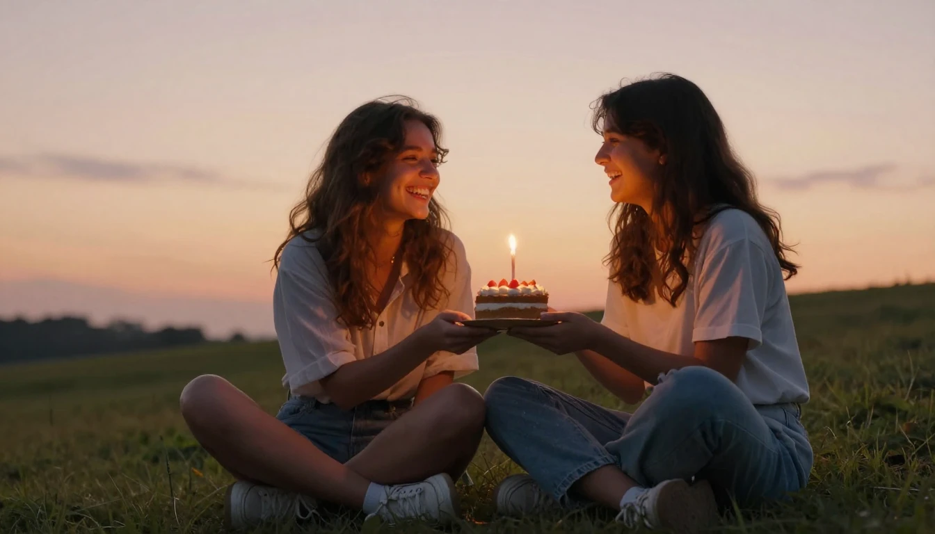Two best friends sitting on a grassy hill at sunset, laughin...