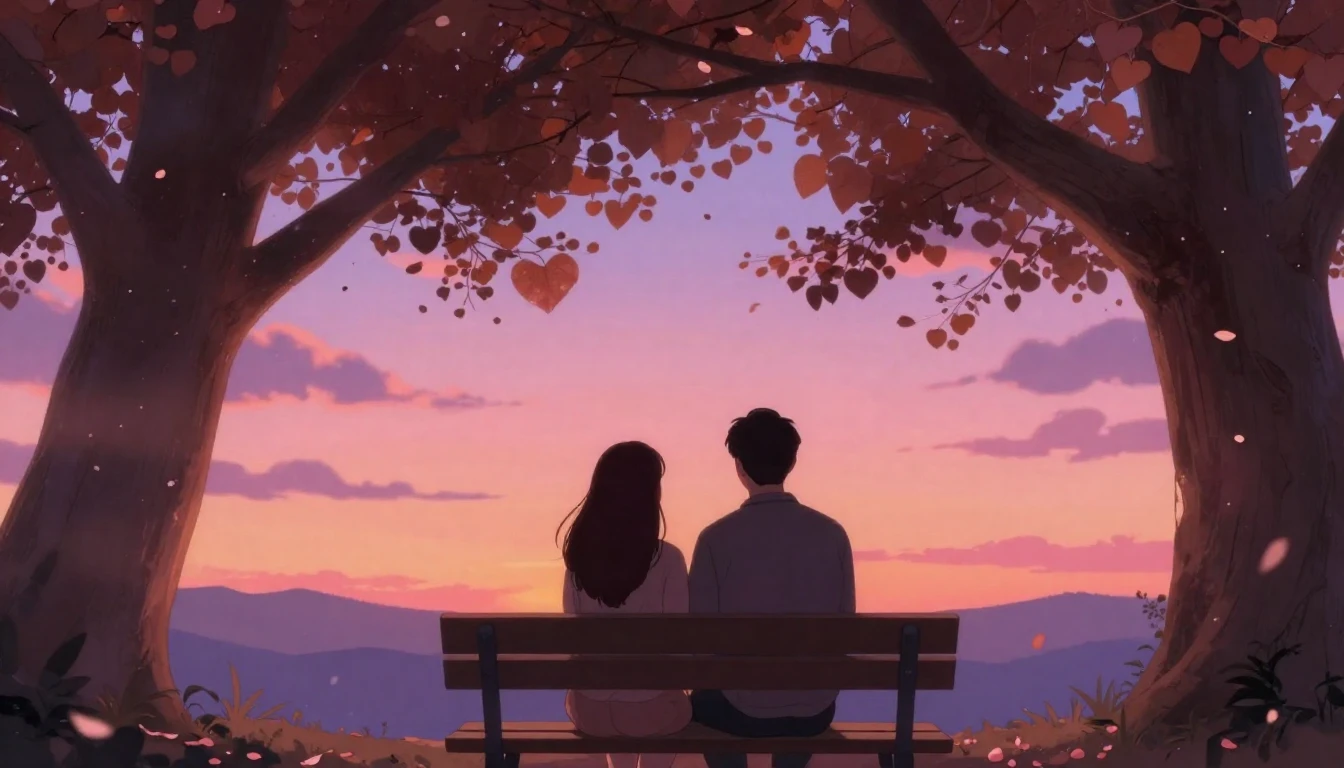 A romantic scene of a couple sitting on a bench under a larg...