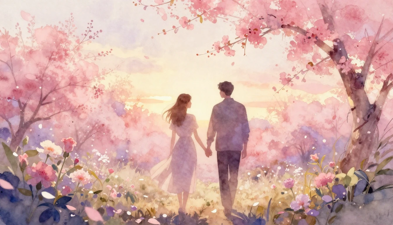 A soft and ethereal watercolor painting depicting two silhou...