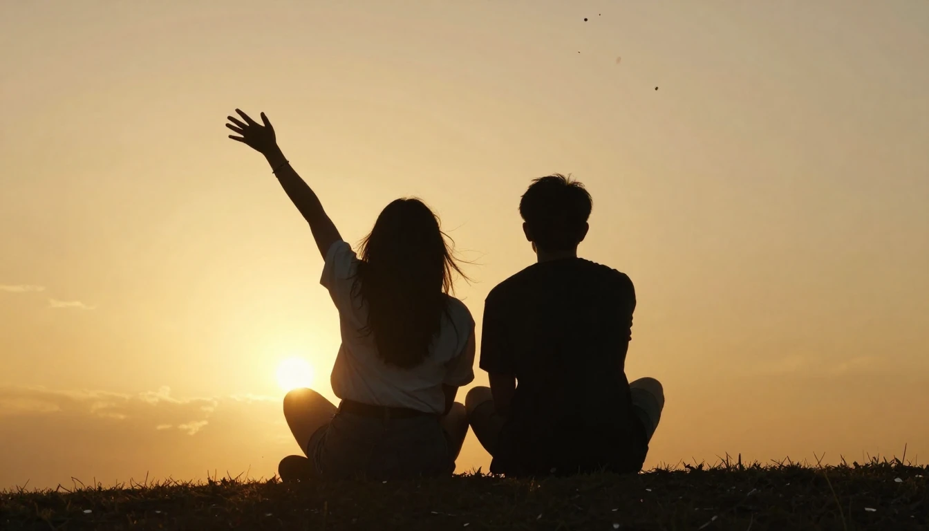 Two silhouettes of friends sitting on a hill watching a gold...