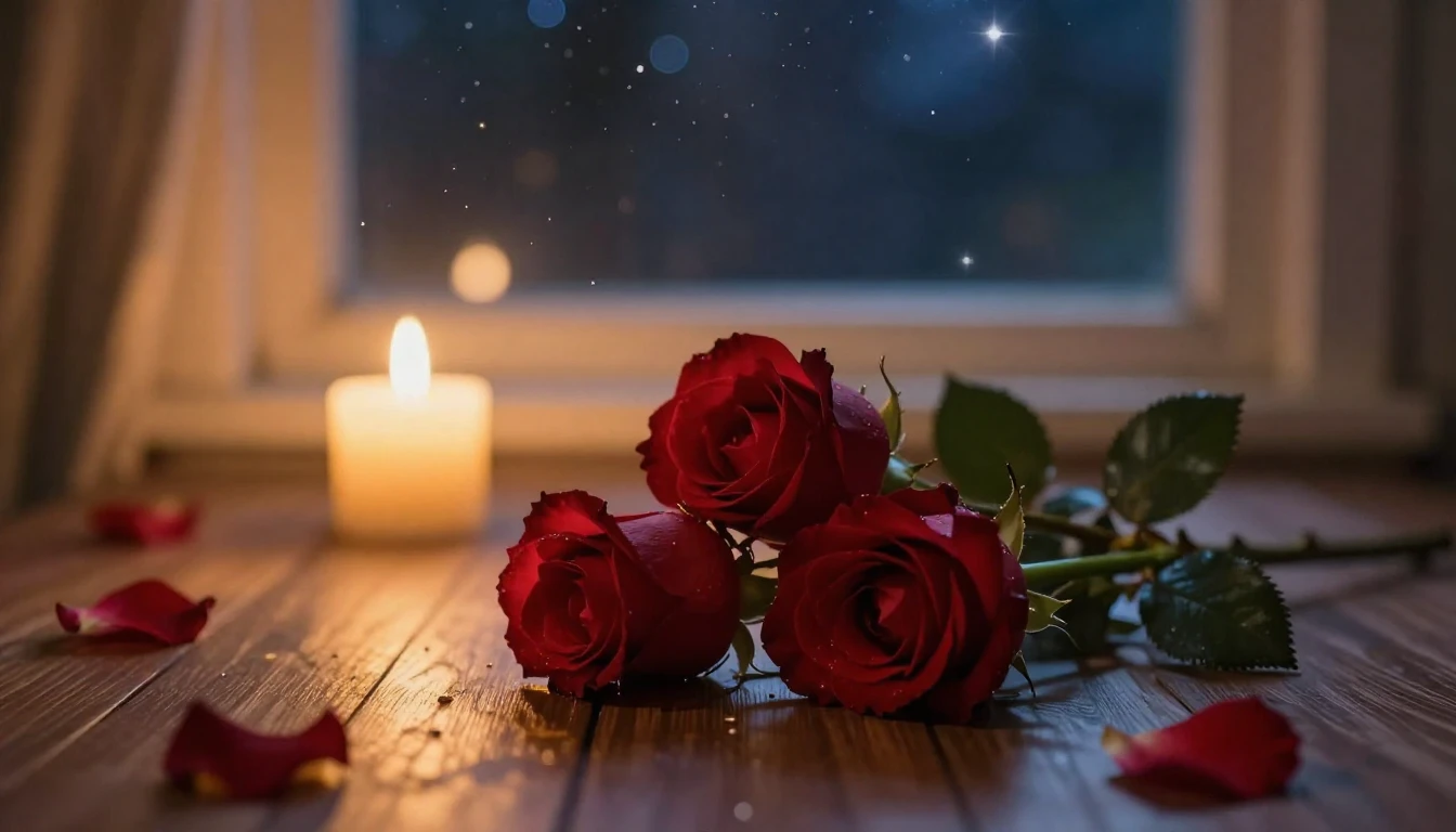 A dreamy and ethereal scene featuring two delicate red roses...