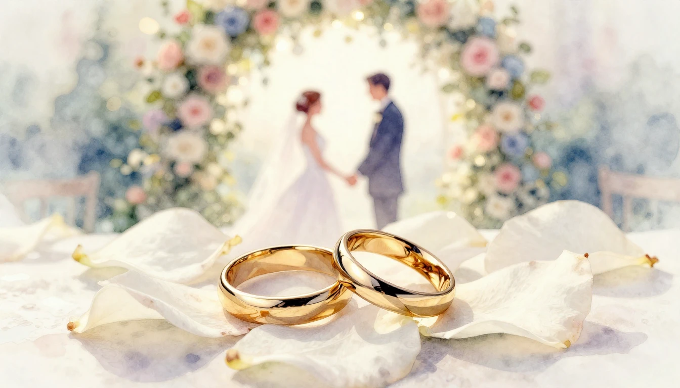 A soft and romantic watercolor painting representing a weddi...