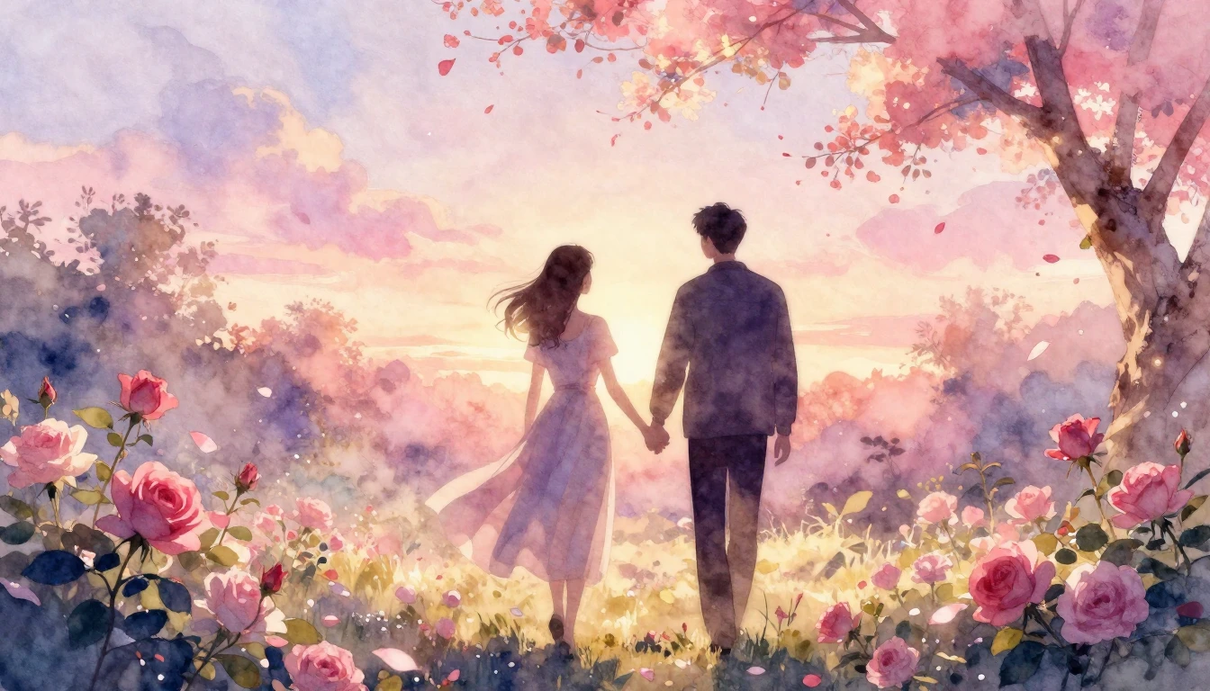 A beautiful watercolor painting of two silhouettes walking h...