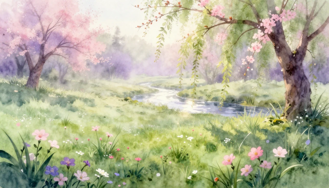 A beautiful watercolor painting of a lush meadow at dawn dur...