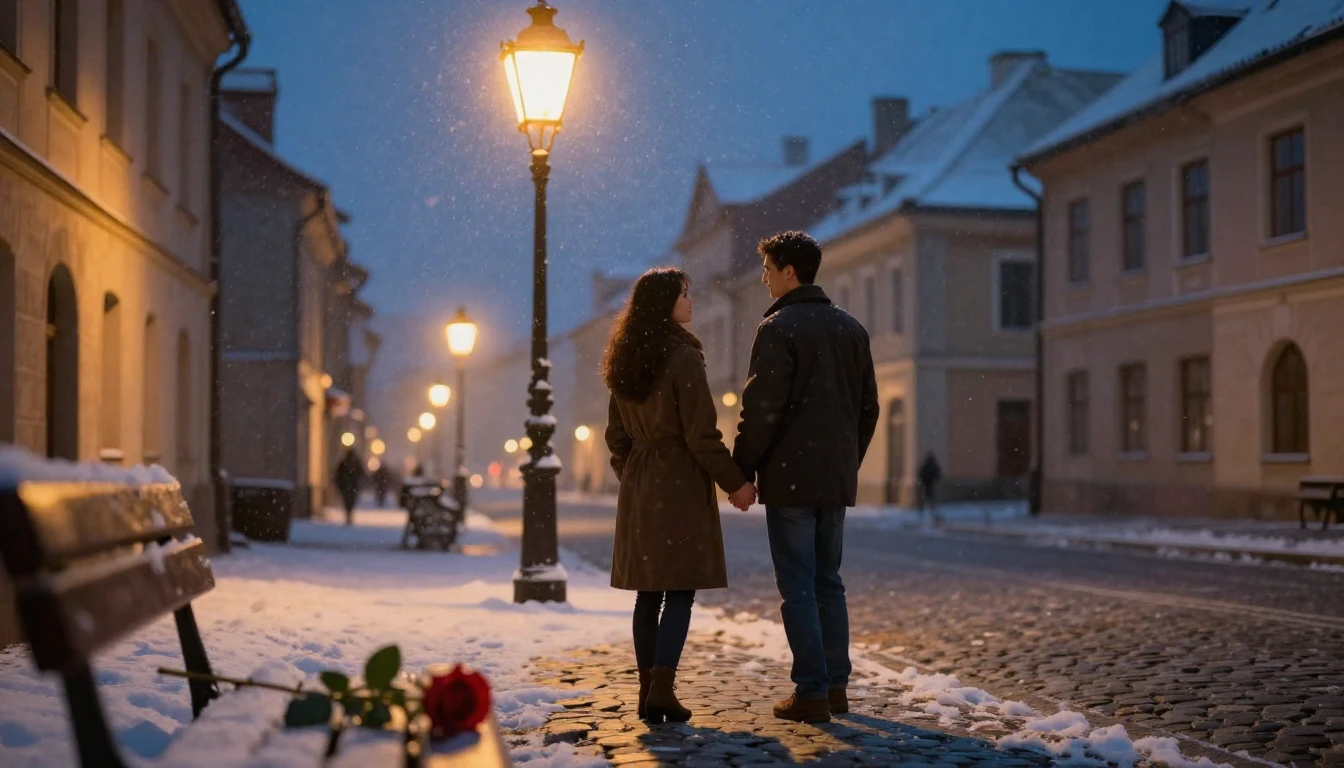 A romantic scene of a couple holding hands under a vintage s...