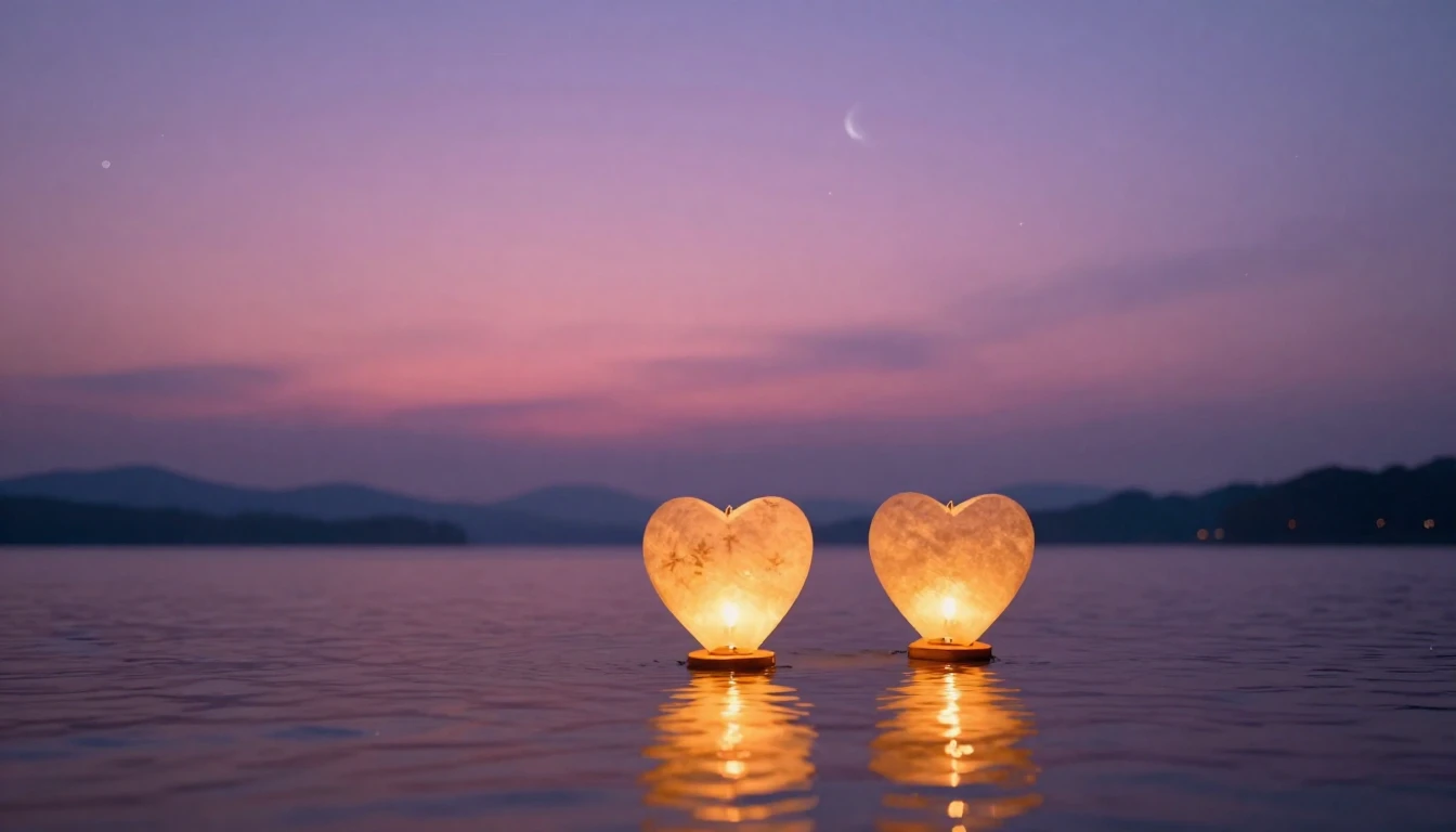 A breathtaking cinematic scene of two glowing heart-shaped l...