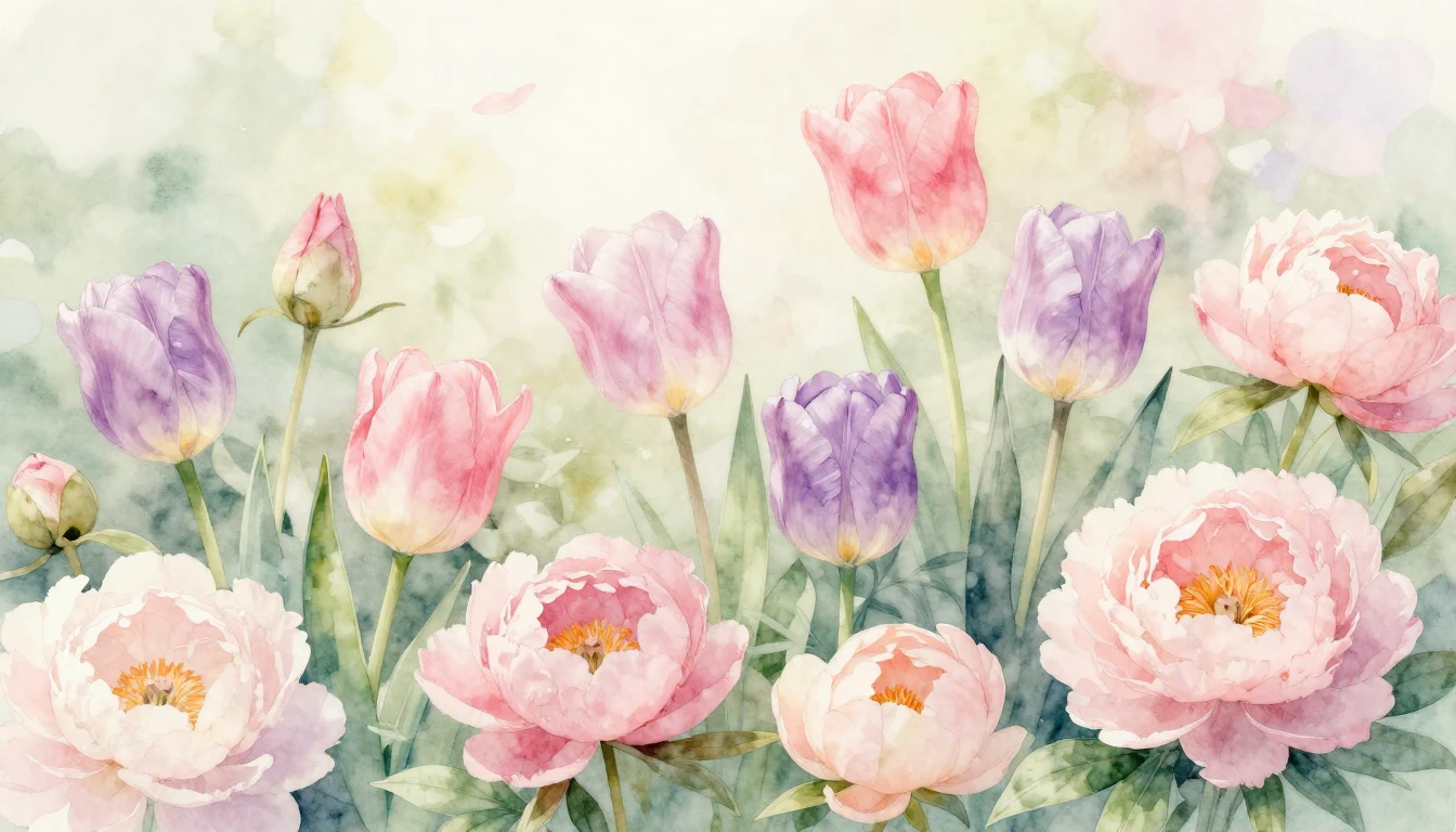 A delicate watercolor painting of a blooming spring garden. ...