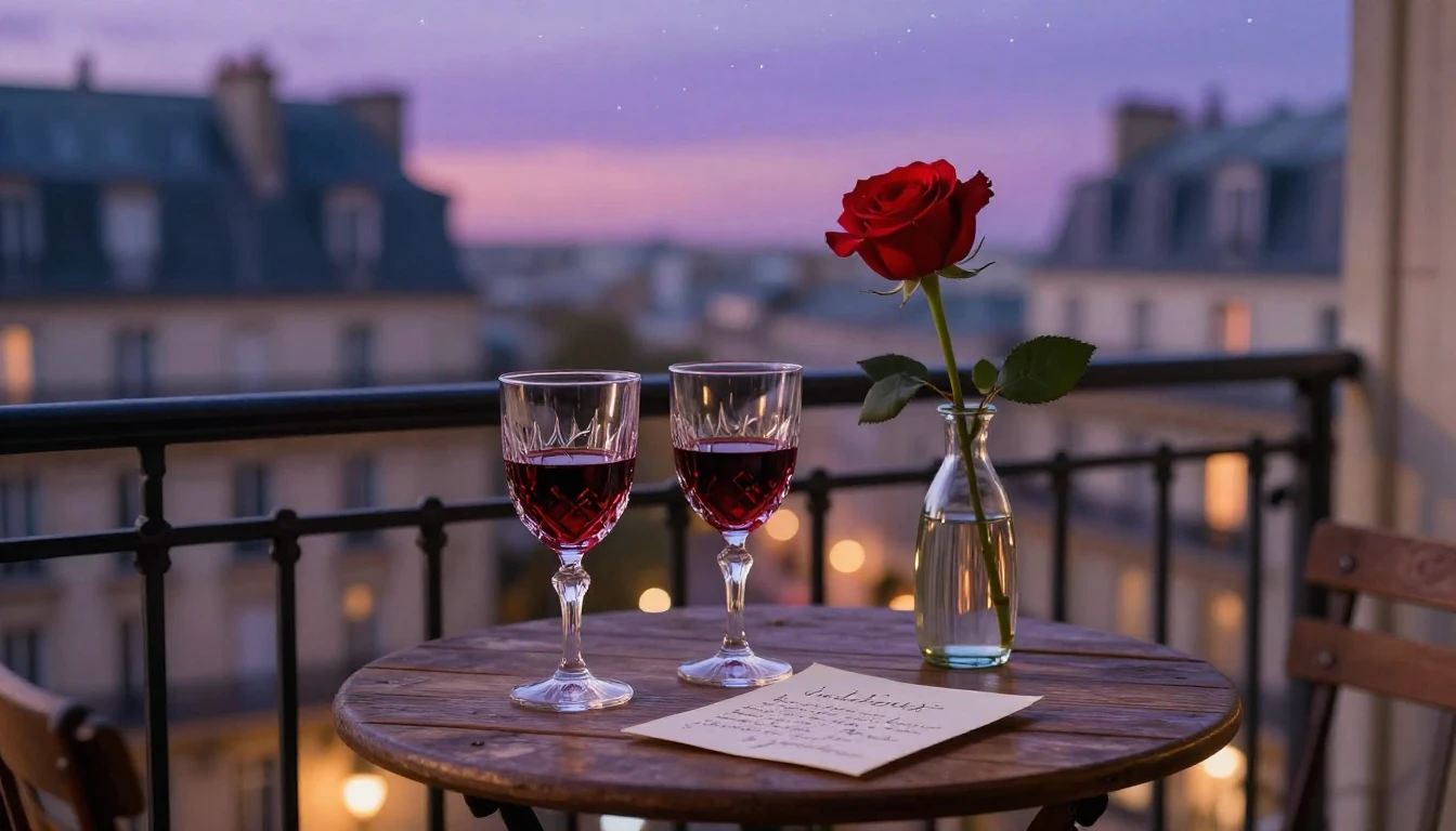 A highly romantic and intimate scene set on a small balcony ...
