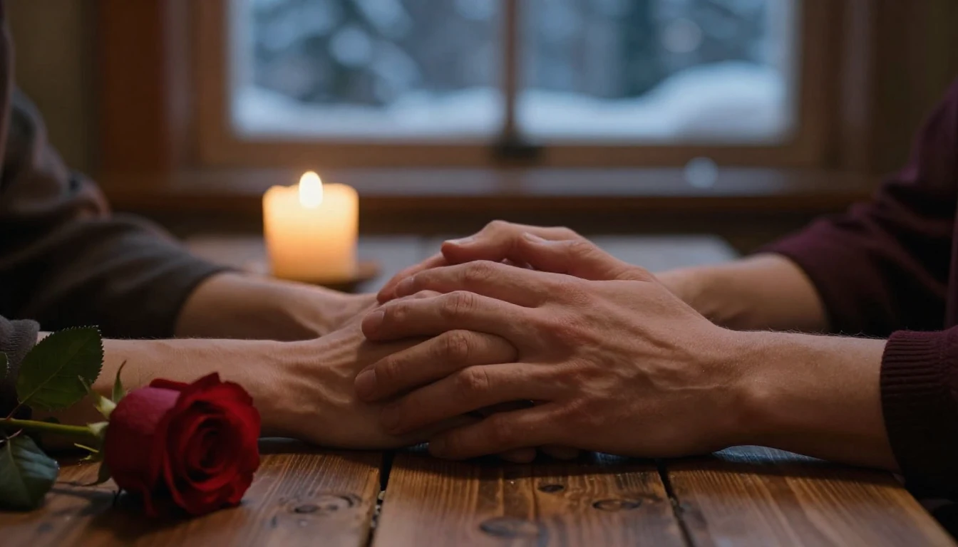 A cinematic close-up shot of two hands gently holding each o...