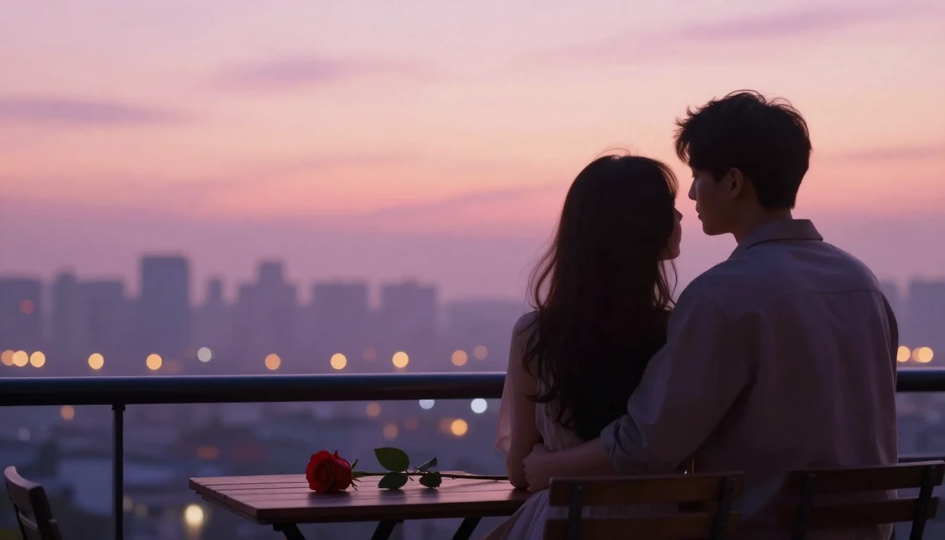 A romantic and intimate scene featuring two silhouettes sitt...