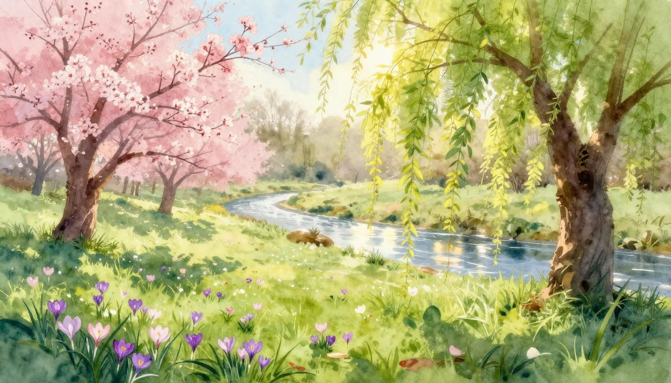 A breathtaking watercolor painting of a lush meadow at dawn ...