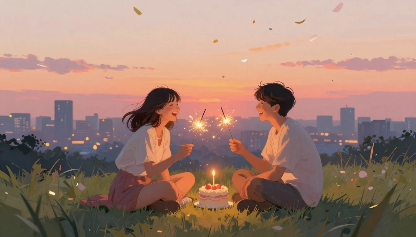 Two best friends sitting side by side on a grassy hill overl...