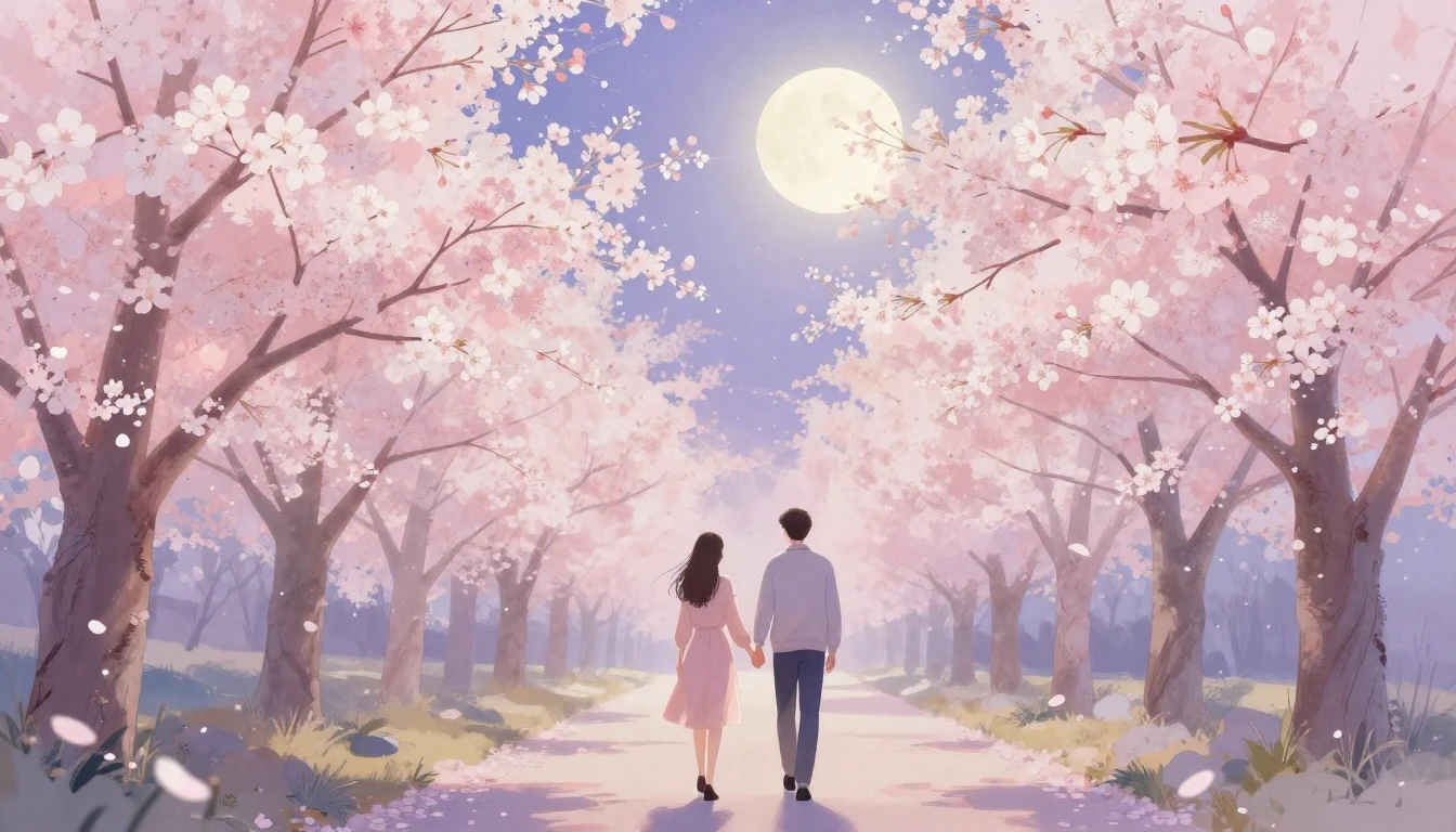 A romantic artistic illustration of a couple holding hands w...