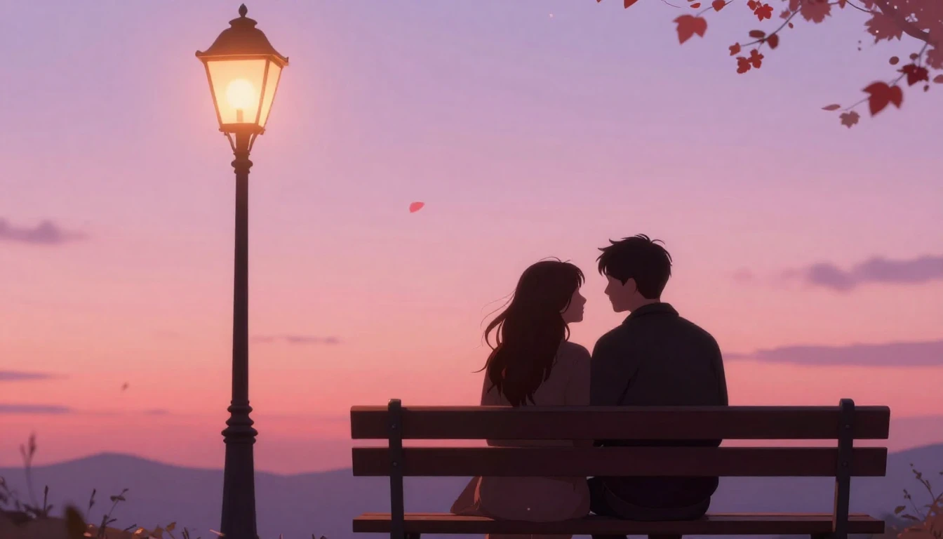A romantic and dreamy scene featuring two silhouettes sittin...