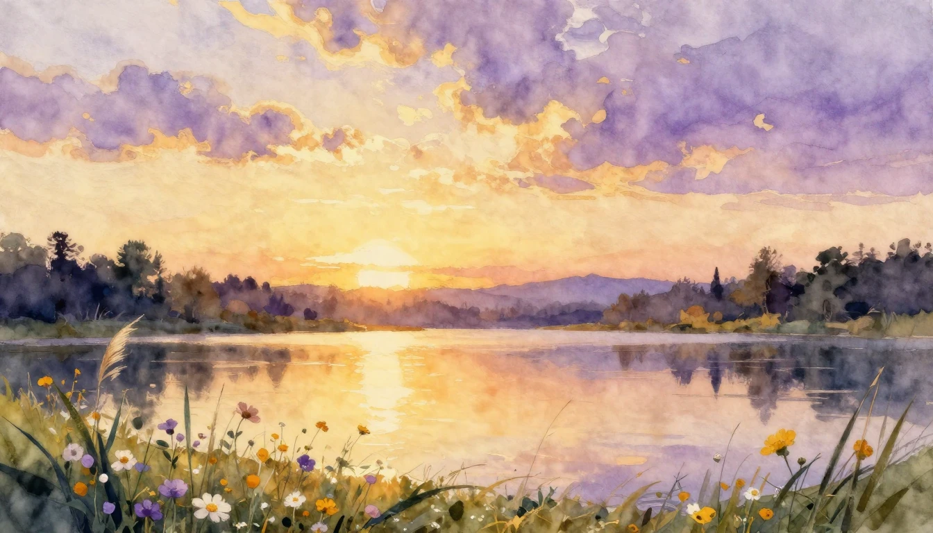 A beautiful watercolor painting of a serene landscape at sun...