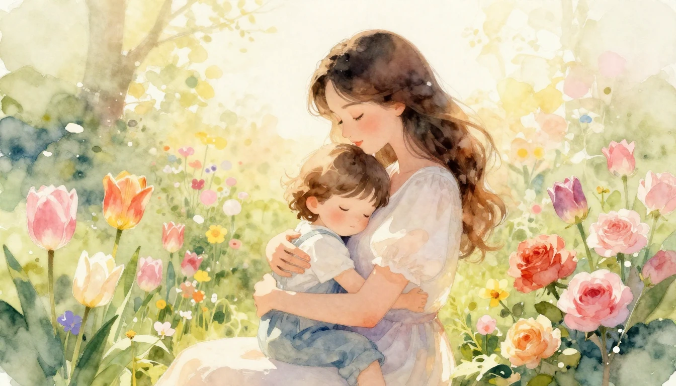 A heartwarming watercolor painting illustration of a mother ...