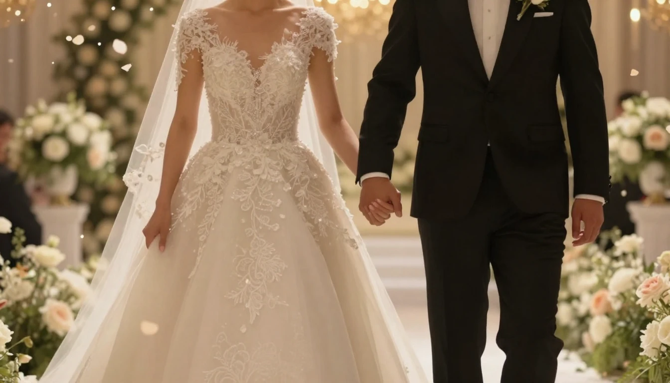 A cinematic shot of a bride and groom holding hands in a bea...