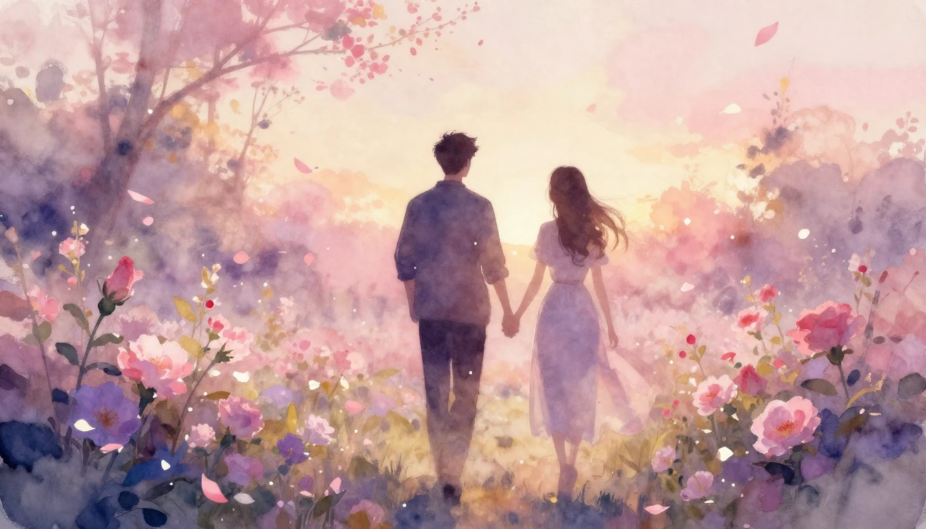A dreamy and ethereal watercolor painting of two silhouettes...