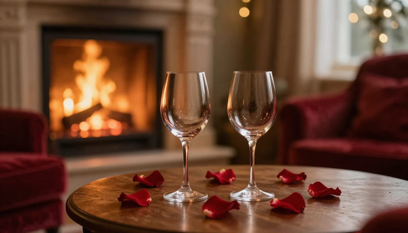 A serene and romantic scene featuring two elegant glasses on...