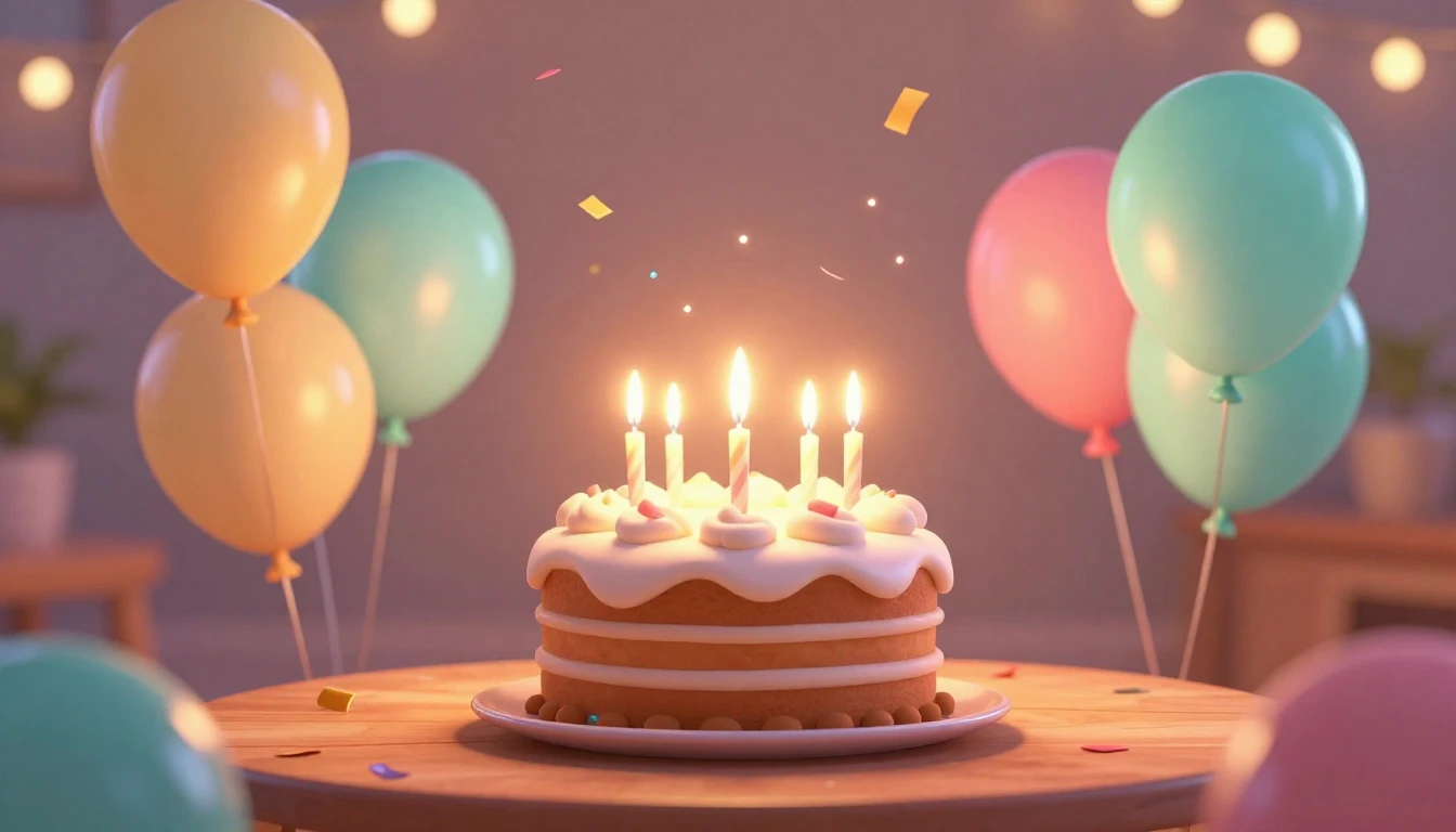 A warm and joyful 3D animated style scene celebrating a birt...