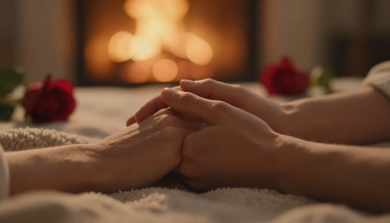 A cinematic, intimate close-up shot of two hands gently inte...