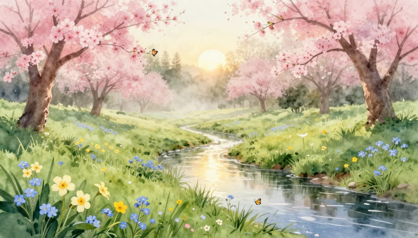 A delicate watercolor painting of a lush green meadow at daw...