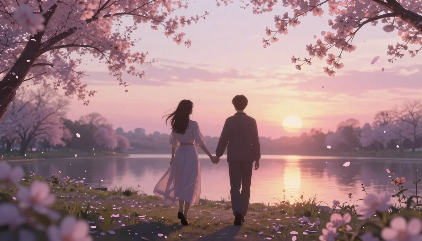 A beautiful, ethereal scene of two silhouettes walking hand-...