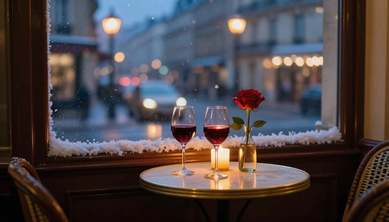 A romantic and intimate scene set in a cozy Parisian cafe at...