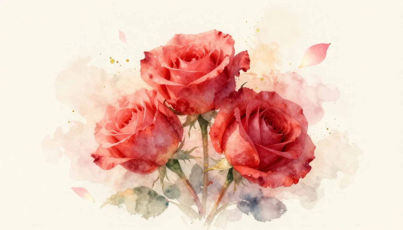 A beautiful watercolor painting of two delicate red roses in...