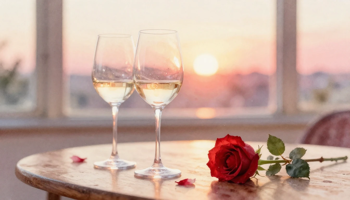 A soft watercolor painting of two elegant wine glasses sitti...