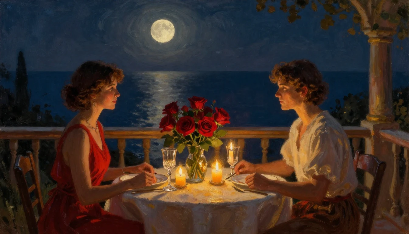 A lush oil painting of a cozy, candlelit dinner table set fo...