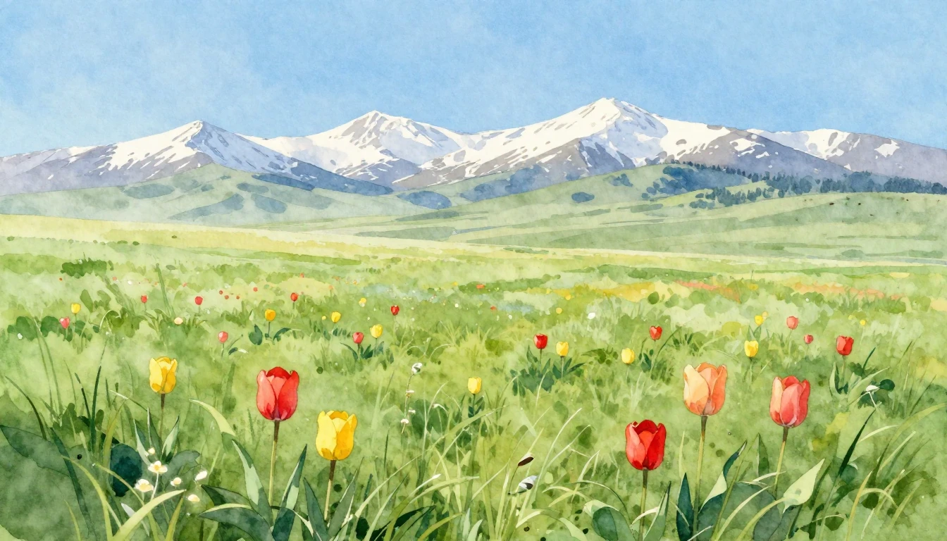 A vibrant watercolor painting of a vast green steppe under a...
