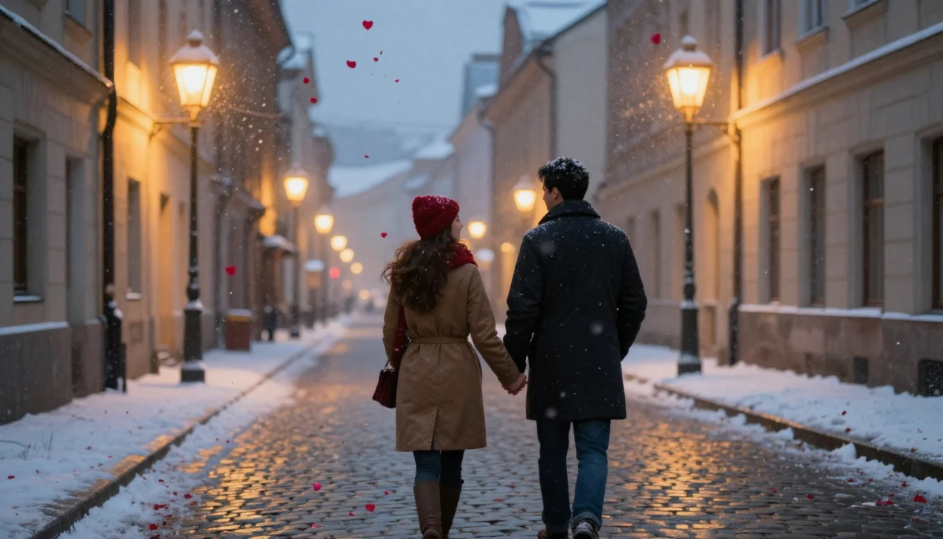 A romantic scene featuring a couple holding hands walking do...