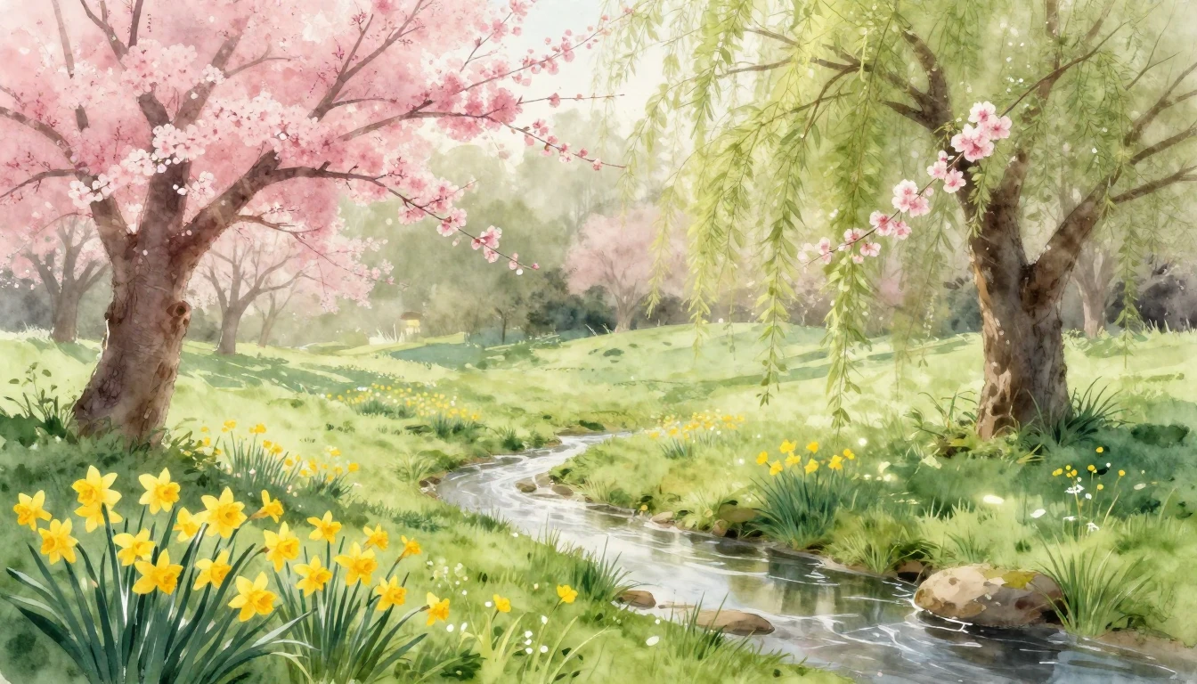 A breathtaking watercolor painting of a lush meadow in full ...